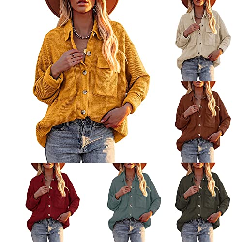 Fall Shackets for Women 2025 Oversized Long Sleeve Corduroy Jacket Casual Button Down Lapeled Shirts Tops with Pockets4