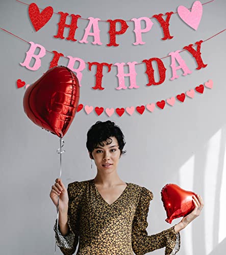 Image of FestikoGlitter Happy Birthday Banner for Valentine's Day Red Pink Glittery Valentines Day Happy Birthday Garland Banner and Heart Garland Valentines Themed Birthday Party Decorations Decor Supplies
