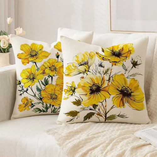 Housse coussin 65x65cm lot de 2 taie oreiller jaune lin avec fermeture eclair