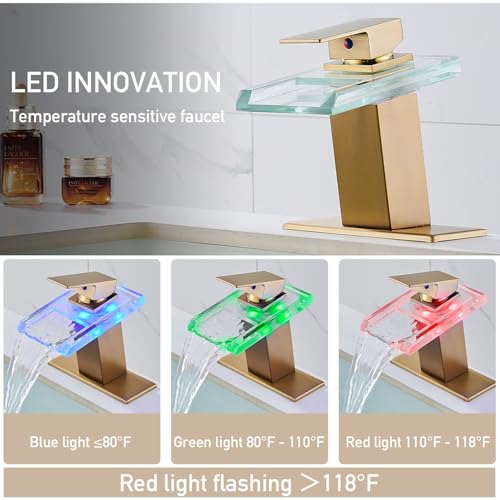 Image of AVSIILE LED Bathroom Sink Faucet, Brushed Gold, Waterfall, Open Glass Spout