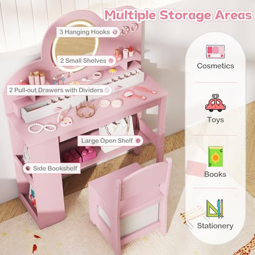 Image of HONEY JOY Kids Vanity with Lights and Open Bookshelf, Cloud Princess Makeup Dressing Desk, Drawers, Wooden Pretend Play Toddler Vanity Table & Chair Set with Lighted Mirror for Little Girls (Pink)