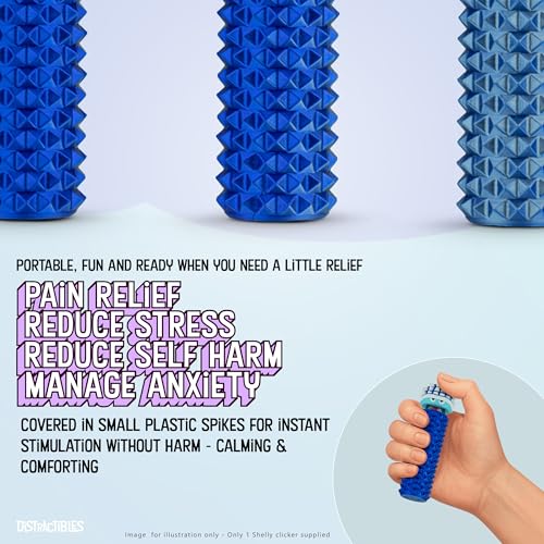 Image of Distractibles Shelly - Sensory Fidget Clicker, Textured Pain Stim Device, Stress Relief for Focus and Concentration (Neon BlueSteel)