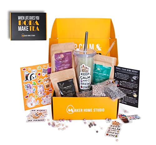 MAKER BOBA Tea Kit (30 boba drinks) + Reusable Boba Cup Reusable Boba Straw for Boba Pearls | DIY Kit Bubble Tea + Quick Cook Boba Tapioca Pearls & Premium Loose Leaf Teabags: Rose Oolong, Classic Black Tea, Jasmine Green Tea