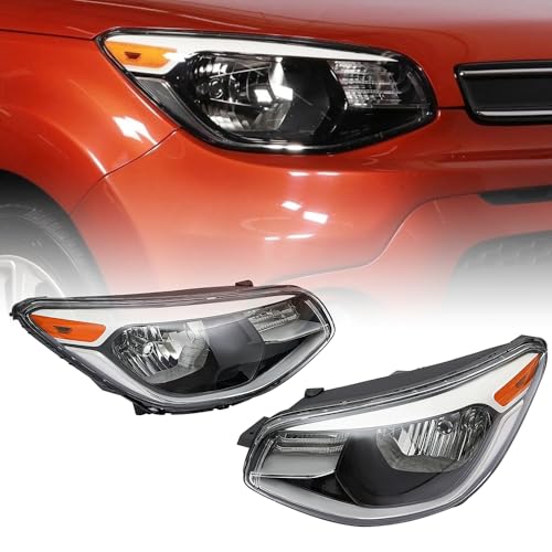 Carlaihu For 2014 2015 2016 2017 2018 2019 Kia Soul Halogen Headlights Headlamps Assembly Replacement Left and Right Side Black Housing