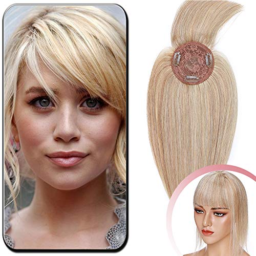 Elailite MONO Haarteil Echthaar Topper Toupet Frauen Pony 150% Dichte Clip in Extensions Haarverlängerung Remy Glatt 10" 25cm 32g #18/613 Aschblond＆Gebleichtes Blond Cover