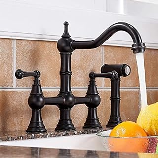 VCCUCINE Oil Rubbed Bronze Bridge Kitchen Faucet Brass with Side Sprayer, Antique Brass 8 Inch Centerset 4 Hole 2 Handle Farmhouse Sink Faucet, Stainless Steel Kitchen Faucets for Sink 3 Hole