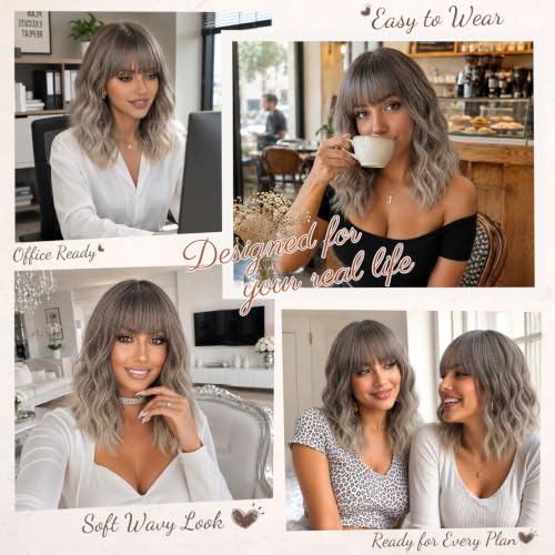 Image of Nnzes Ash Wigs for Women 16 Inch Synthetic Short Curly Wig with Bangs | Ash Brown Ombre | Natural Looking | Soft Wavy | Heat Resistant | Shoulder Length | Beginner Friendly | Daily Cosplay