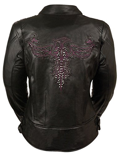 WOMENS MOTORCYCLE RIDING BLACK/PURPLE LEATHER JACKET W/PHOENIX STUDDING EMBROID (4XL)
