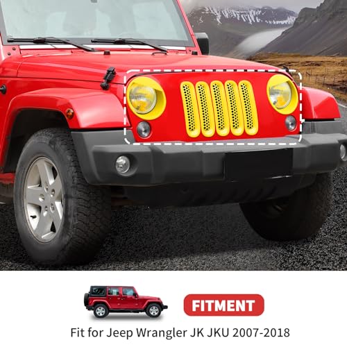 Image of Mesh Grille Grill Insert+ Style Headlight Turn Light Cover Trim Fit for 2007-2018 Jeep Wrangler JK JKU(Yellow)