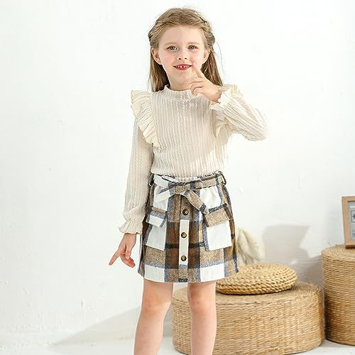 Image of Weixinbuy Toddler Girl Fall Winter Clothes Solid Long Sleeve Ribbed T-Shirt Knit Tops Plaid Button Mini Skirts Set Outfits