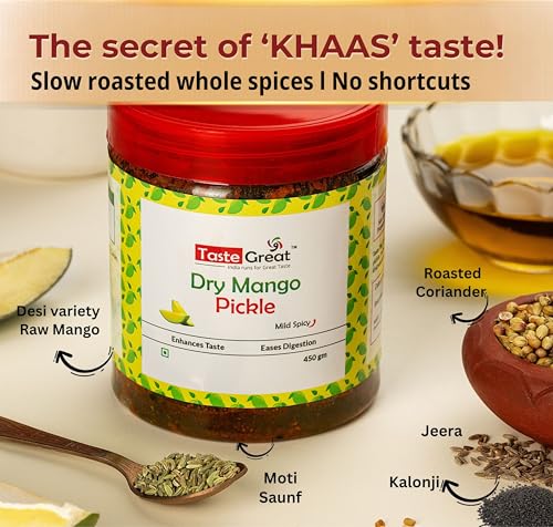 Image of Taste Great Dry Stuffed Mango Pickle 900g (450g X 2)- Pk of 2 I Homemade Bharua Spicy Aam ka Achar I Long Cut Mango pieces stuffed with roasted masalas I Made with Bihar UP style recipe I Special sealed jar for no oil leak