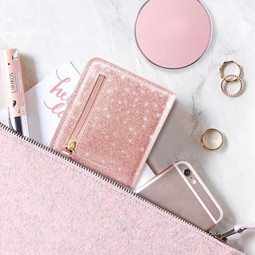 Image of Small Womens Glitter Wallet Thin Credit Card Holder Pocket | Compact Women Slim RFID Blocking Bling Wallets Bifold Ladies Mini Purse Pocket for Travel & Daily Use, Rose