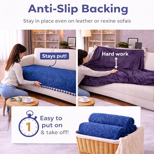 Image of Cortina Velvet Sofa Cover with Tassels | Sofa Couch Protector | Machine Washable Sofa Topper (Blue, 3 Seater)