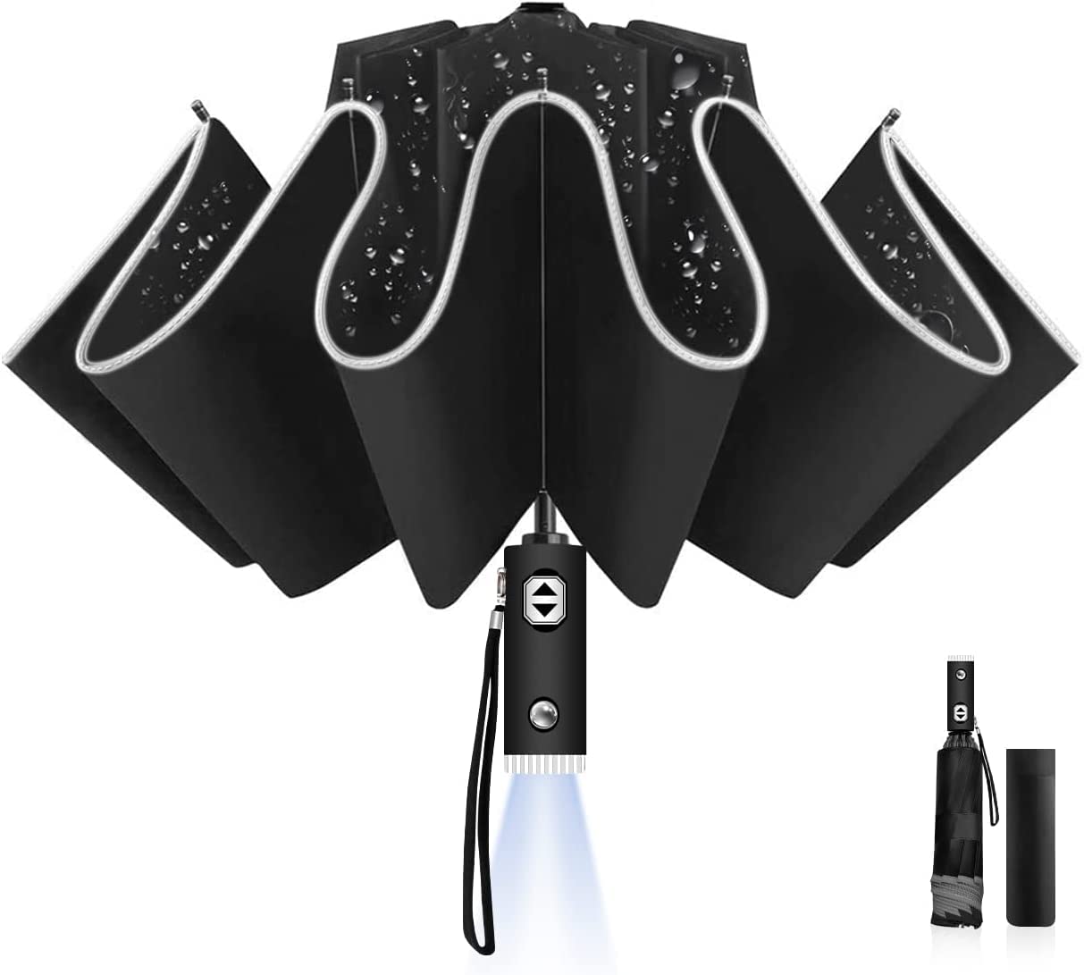 GenericInverted Umbrella Windproof Strong, Auto Open/Close, Anti-UV, Compact, Portable Travel Umbrella with Reflective Stripes for Rain Sun