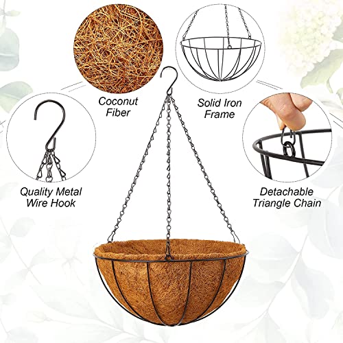 8 Pack Hanging Planters 12 Inch Metal Flower Pots Basket Holder with Coconut Coir Liners Metal Round Wire Plant Holder with Chain Porch Decor for Indoor Outdoor Patio Porch Garden Decoration