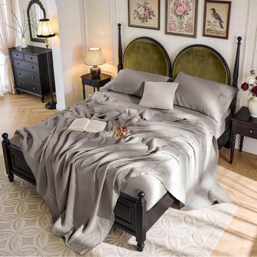 SONORO KATE 100% French Pure Linen Sheets, Breathable and Durable Linen King Size Sheets, Anti-Tear Linen Bed Sheets, Machine Washable, 16 Inch Deep Pocket - 4 Piece (Mauve Brown, King)