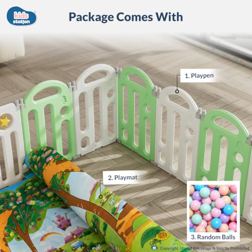 Image of Kids Station Large Baby Play Yard with Playmat & 20 Balls, Frog Theme, Safe & Foldable Playpen for Infants & Toddlers 180 * 200, Soft Mesh Sides, No Sharp Edges, with Basket Ball Hoop (Green)