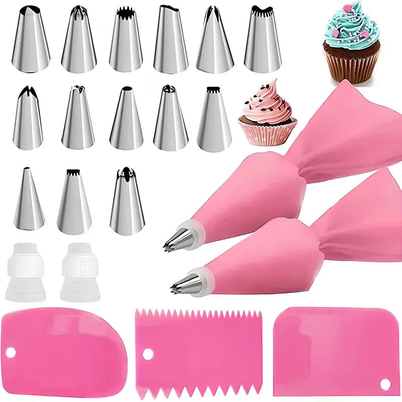 Piping Bags and Tips Set Reusable Cake Decorating Supplies with 2 Reusable Bags 14 Icing Tips 2 Silicone Rings 2 Couplers and 3 Scrapers Cake Baking Tools for Cookie Icing Cupcakes