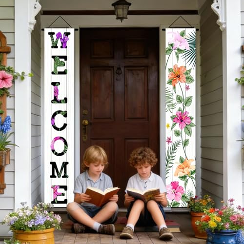 Image of Nuxovilar Front Door Porch Sign Entrance Banner Set 12x71in Polyester | Entrance Decor Hanging Poster Summer Wall Tapestry Garden Porch Outdoor Area (Tropical Welcome)