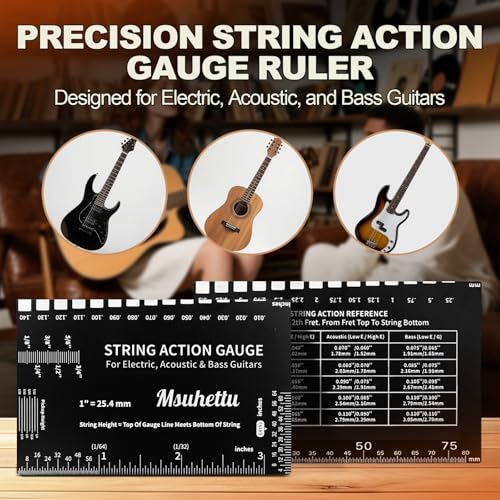 string action gauge ruler upgraded guitar string height gauge with inch amp metric scales guitar string setup tool and accessory for electric acoustic bass and luthier use - etched black edition