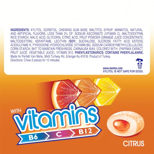 Image of Mentos Sugar Free Vitamin Gum, Xylitol, Citrus, 45 Piece Bottle (4 Pack)
