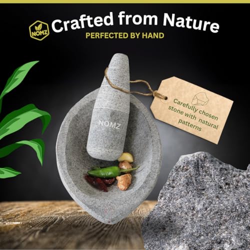 Image of NOMZ Stone Mortar and Pestle Set (Kalvam) 7 Inch Boat Shape, 2.5 Kg, 3 /4 Cup | Handmade Silbatta for Chutney and Masala | Heavy Duty Khalbatta with Anti-Skid Base