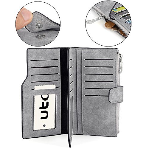 UTO RFID Wallet for Women PU Matte Leather Card Holder Organizer Zipper Coin Purse with Snap Closure Grey3