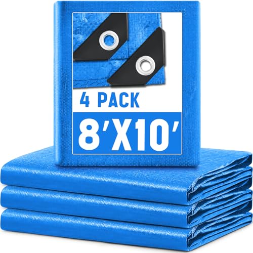 Image of 4 Pack 8 x 10 ft 5.5 Mil Large Tarps Heavy Duty Waterproof Tarp Multi Purpose Tent Cover for Home Boats Cars Camping Patio Furniture Roof Emergency Rain Protective Cover, Blue
