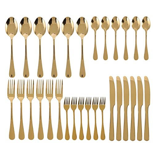 Juego de cubiertos dorados de acero inoxidable de 30 piezas, juego de cucharas, cuchillos y tenedores con acabado de espejo, cubiertos dorados de primera calidad para el hogar,