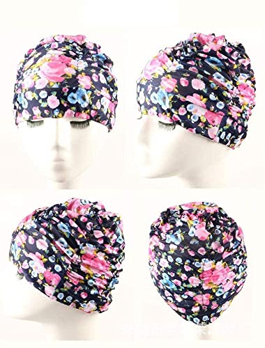 GIVBRO Damen Badekappe mit langem Haar, elastisch, Blumenmuster, plissiert, Ohrenschutz für Schwimmen, Pool, Strand, Dusche, 1 Stück Cover