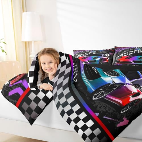 Image of Feelyou Purple Race Car Bedding Set - Queen Size Comforter Set with 2 Pillowcases, Geometric Checkered Pattern, Inner Fill Duvet Set