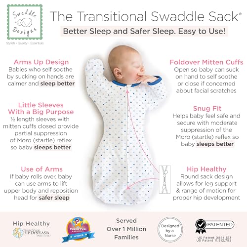 Image of SwaddleDesigns Transitional Swaddle Sack, Arms Up Half-Length Sleeve & Mitten, Most Gradual Transition Swaddle for Newborn