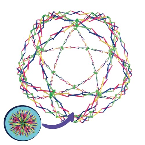 Colorful expandable breathing sphere shown open with a small closed view and curved arrow.