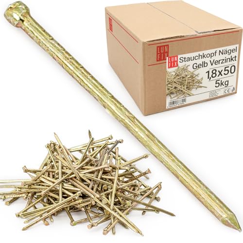 Lun Fix Clavos de acero 1,8 x 50 mm (5 kg) | cabeza amarilla | clavos de madera para construcción | clavos galvanizados | clavos de 50 mm de largo | clavos de alambre cabeza avellanada para decoración