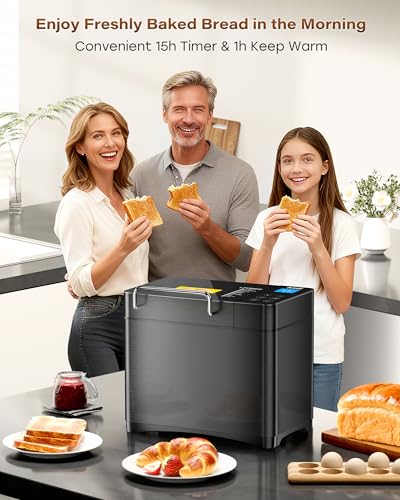 Image of KBS 710W 2LB Bread Maker Dual Heaters, 17-in-1 Stainless Steel Bread Machine with Healthy Ceramic Pan, Automatic Nut Dispenser, Tempered Glass Touch Panel, 3 Crust Colors, 15H Timer& Keep-Warm,Recipes