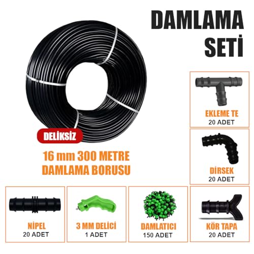 300 Metre Damla Sulama Sistemi Damlama Borusu ve EK Parçaları Bahçe Ağaç Fidan Sebze Sulama Ekipmanları Damlama Hortumu