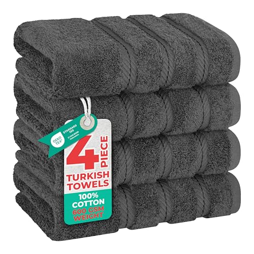 American Soft Linen Luxury Hand Towels for Bathroom, 600 GSM Heawy Weight 16x28 Size 100% Cotton Turkish 4 Piece Hand Face Towel Set, Dark Gray Hand Towels