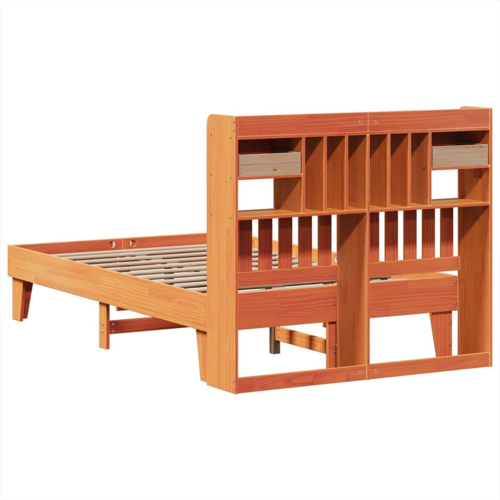 Massivholzbett 135x190 cm, Kiefernholz Wachsbraun, mit Stauraum, Lattenrost, Kopfteil, Bettrahmen für Schlafzimmer Möbel, Platform Bettgestell, stabil