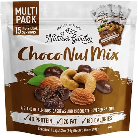 Nature's Garden Choco Nut Mix, Chocolate Covered Raisins, Nut Mix, Almonds, Cashews, Cholesterol Free, Sodium Free, No Artificial Ingredients – 1.2 Oz Bags (15 Individual Servings) Cover