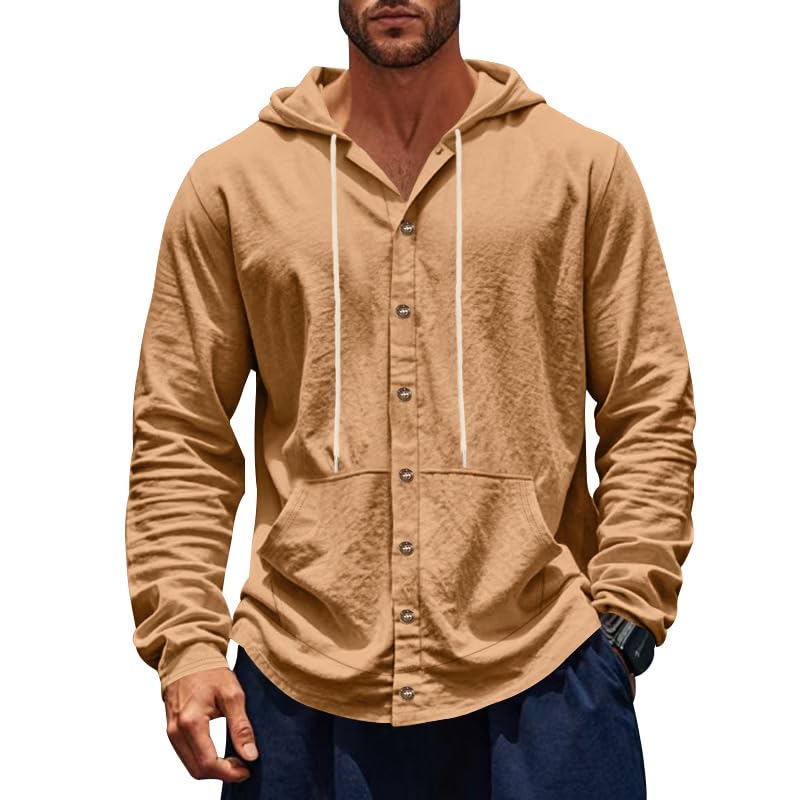 Mens Linen Blend Button Front Hoodie Shirt Long Sleeve Lightweight Casual Top with Front Pocket