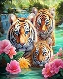 Chaozhirui Patrón de punto de cruz impreso con precisión de 11CT para adultos, principiantes y aficionados al bricolaje,- Tigre con flores-40X50CM
