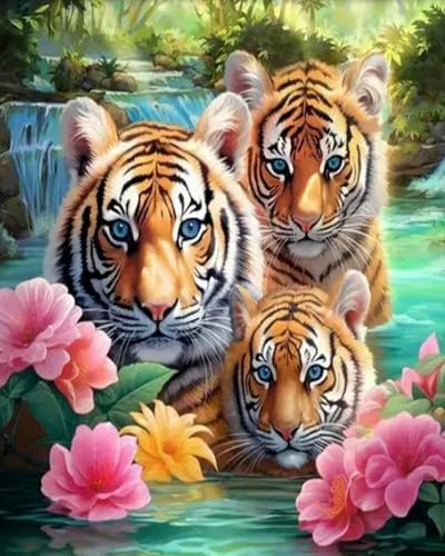 Chaozhirui Patrón de punto de cruz impreso con precisión de 11CT para adultos, principiantes y aficionados al bricolaje,- Tigre con flores-40X50CM