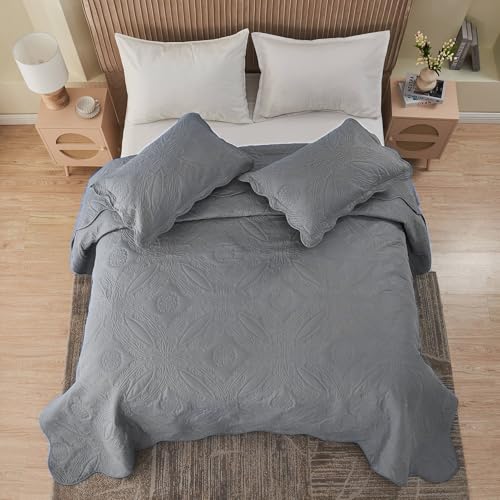 Image of Kingnex Exta Wide Oversized King Bedspreads 128x120 for Tall King or Cal King Bed Ultrasonic Quilted Coverlet Set 3 Piece Include 1 Quilt 2 Pillowcases Grey