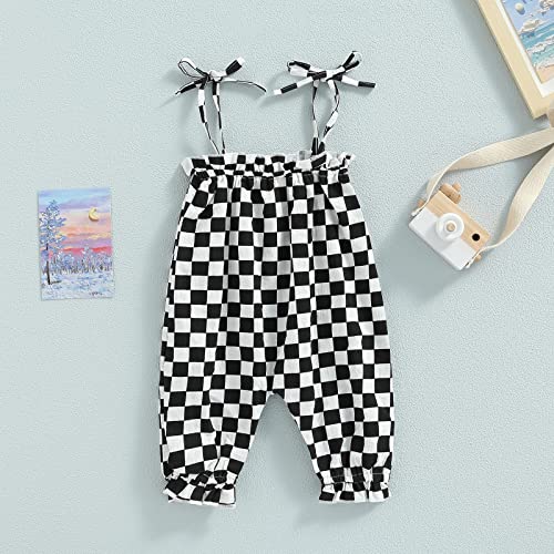 Infant Baby Girls Summer Jumpsuits Checkerboard Plaid Sleeveless Tie-up Smocked Romper Overalls One Piece Outfits3