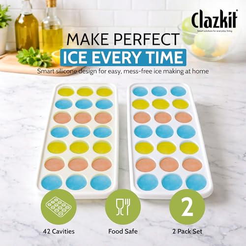 Image of Clazkit Silicone Ice Cube Tray with Lid (2 Pack, 21 Cavities Each) | Easy Pop-Out Round Ice Mold | BPA Free Flexible Ice Tray | Stackable Ice Cube Maker for Freezer, Whiskey, Cocktails, Juice