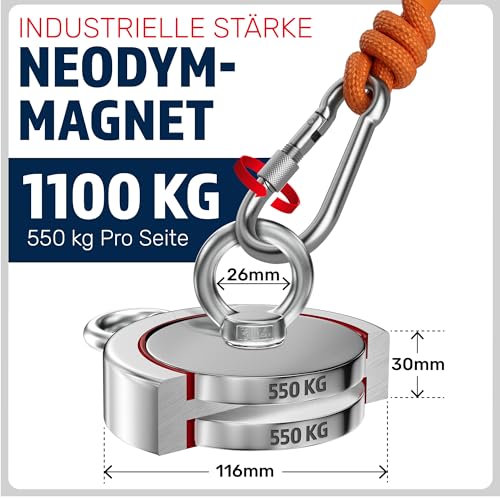 MAGFISHION Magnetfischen Set - 1100 KG (2 x 550kg) - Ø116mm - Neodym Magnet mit Seil (20M) & Handschuhe - Magnet Fischen Angel - Ösenmagnet - Fishing Magnetangel - Magnetangeln Set