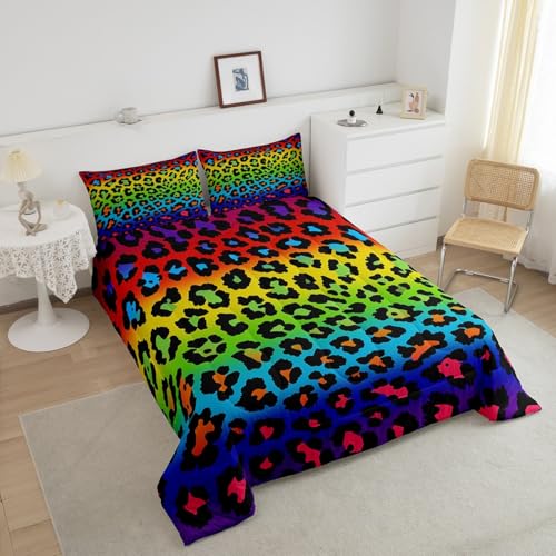 Image of Girls Colorful Cheetah Printed Comforter Set - Full Size Women's Down Alternative Comforter for All Season - Rainbow Leopard Print Quilt Set