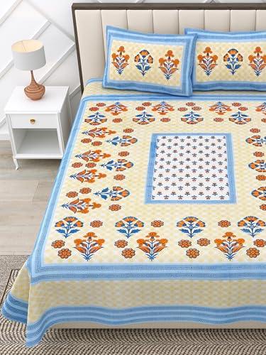 Image of RajasthaniKart Pure 100% Cotton 240 TC King Size BEDSHEET with 2 Pillow Cover - 90X108 (Suitable for King Size Bed Sheet or Double Bed, Teal) PSP139