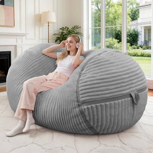 Image of 4FT Bean Bag Chair 4'Big Bean Bag Chairs with Adults, Large Beanbag Chair | Bean bag Lounger with Machine Washable Cover Corded Plush Fabric, Comfy Chairs for Living Room Bedroom Dorm, Lightgrey