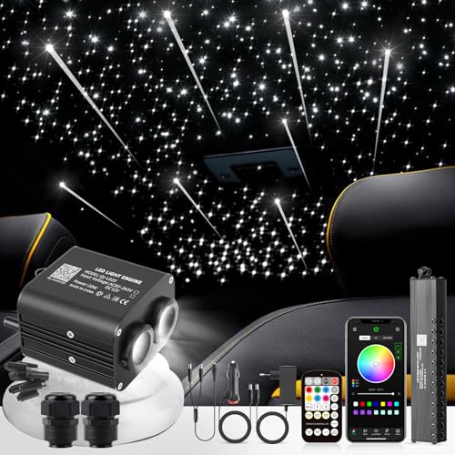 SUNKENET 20W Meteor Twinkle Fibra óptica led, Bluetooth/Remoto/Control de música Luces de Fibra óptica+Kit de Luces de Estrellas Fugaces, 550pcs*0.75mm*3m para Coche/hogar